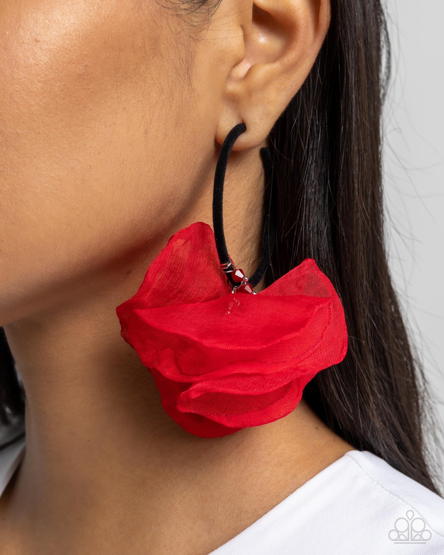 Passionate Promenade - Red Chiffon Petal & Black Velvet 2 Inch Hoop Earring E2401
