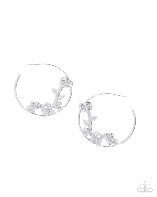Blooming Benefit - Silver 2 1/4 Inch Flower Hoop Earring Paparazzi E2606
