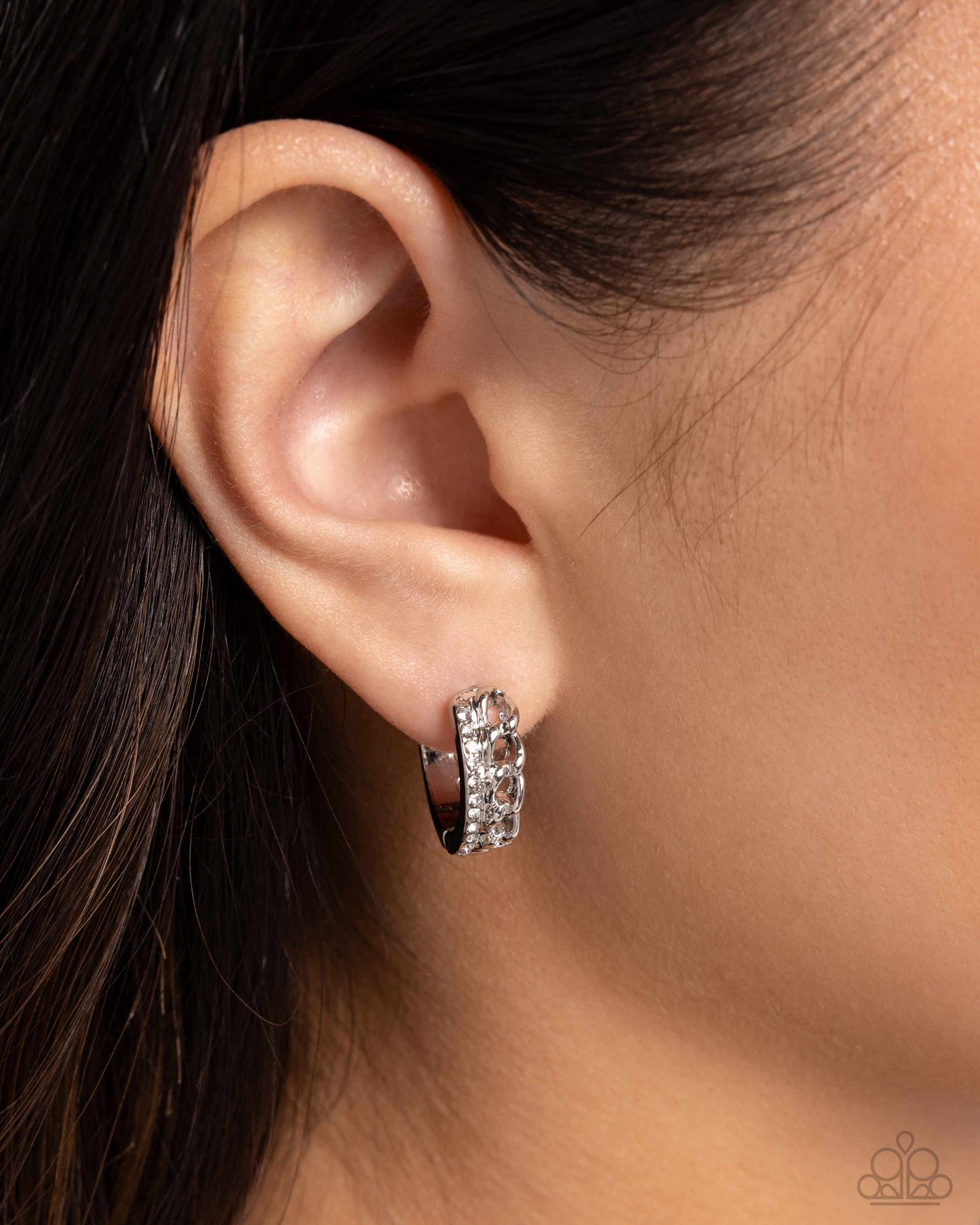 Lethal Layers - White Rhinestone Hinge 3/4 Inch Hoop Earring Paparazzi E2416