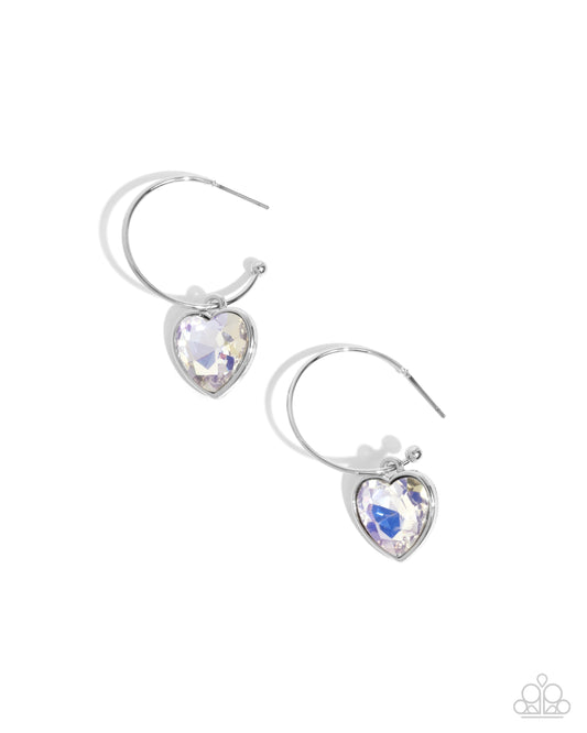 Diamond of the Night - White Gem Silver Heart 1 Inch Hoop Earring Paparazzi E2337