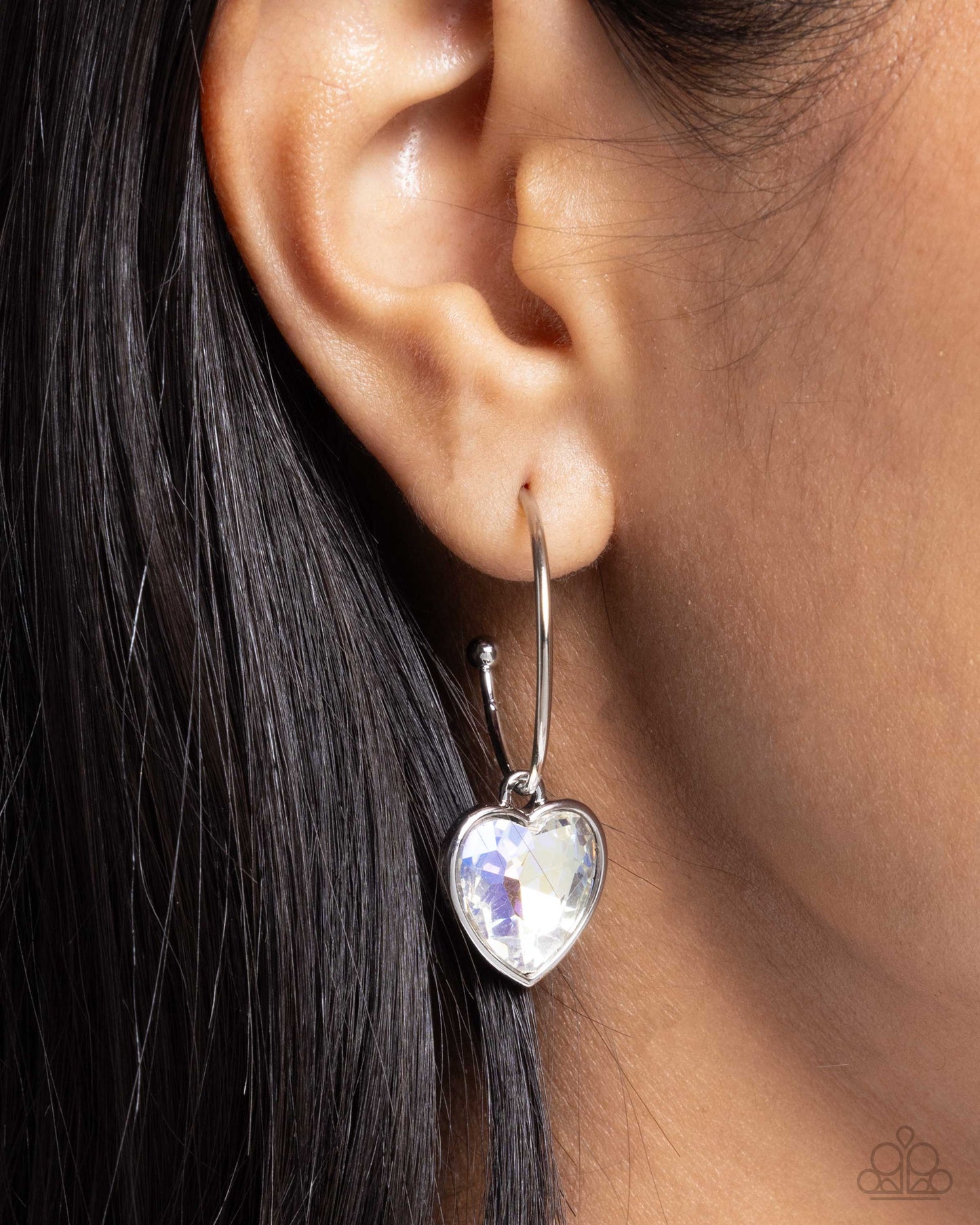 Diamond of the Night - White Gem Silver Heart 1 Inch Hoop Earring Paparazzi E2337