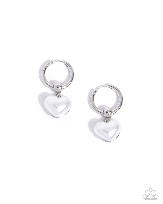 Carriage Chic - White Pearly Heart 3/4 Inch Hinge Hoop Earring Paparazzi E2472