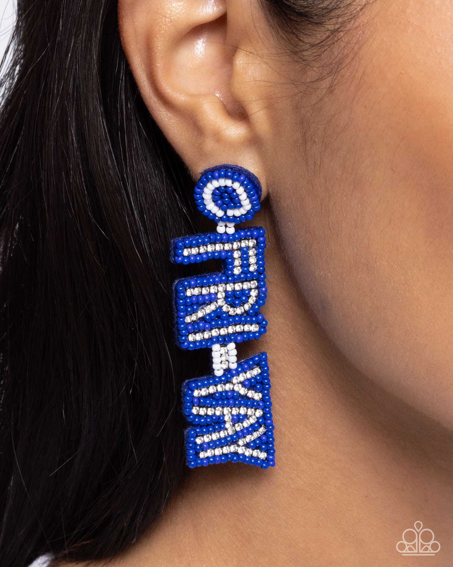 Its Friday! - Blue - Royal Blue & White Seed Bead Inspirational "Fri - Yay" Post Earring Paparazzi E2471