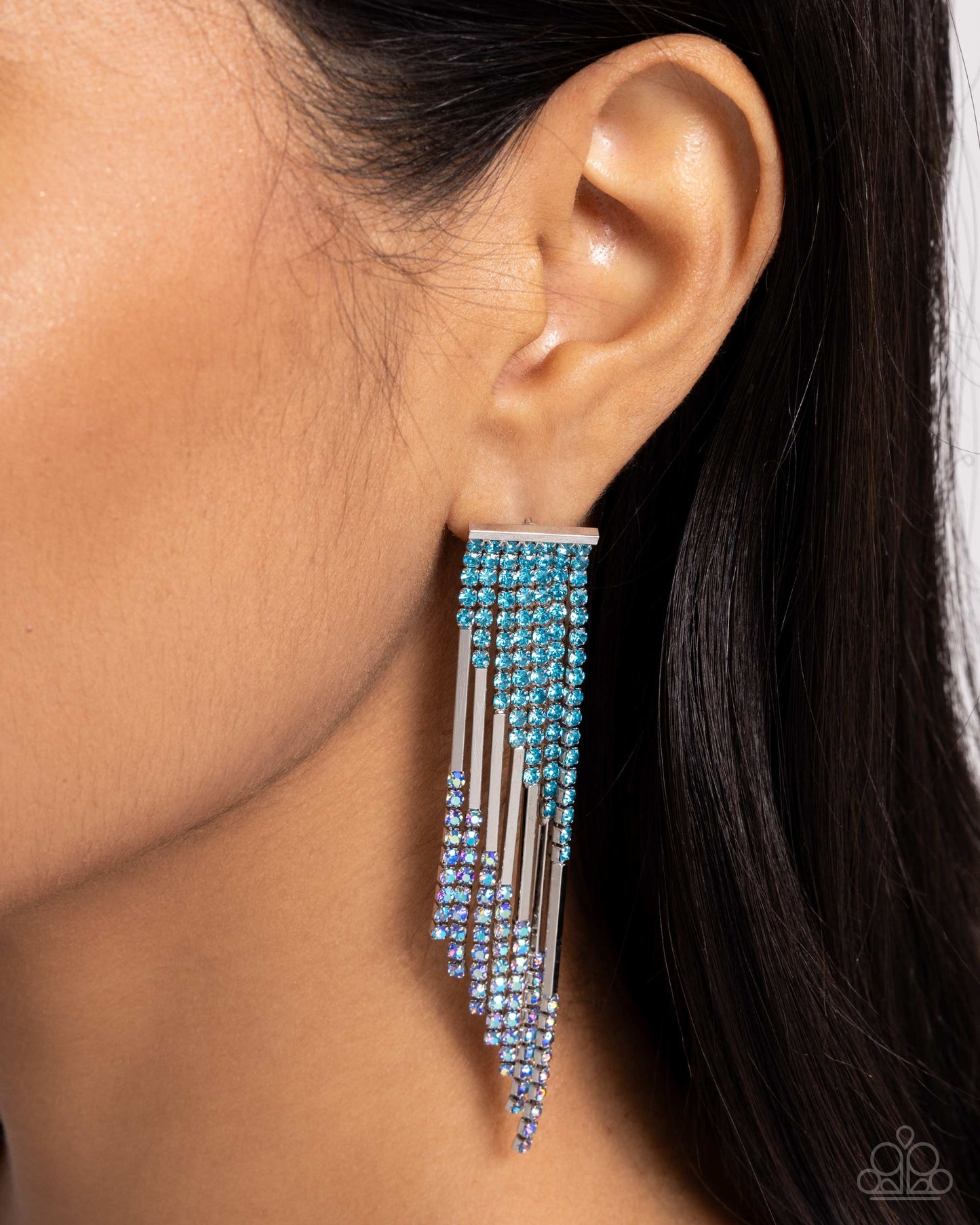 Careless Cascade - Blue - Light Sapphire Rhinestone & Silver Bar Post Earring Paparazzi E2555