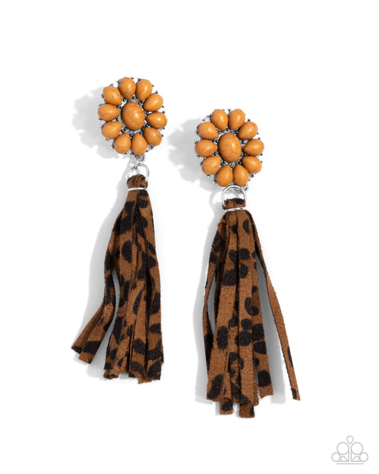 Hometown Hero - Brown Buckthorn Stone Flower Leopard Suede Fringe Earring Santa Fe Style Paparazzi E2786