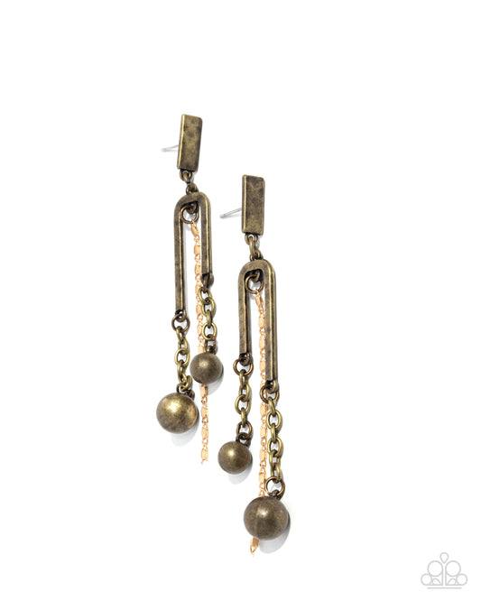 Authoritative Admiration - Brass Hammered Finished Bead & Gold Chain Post Earring Paparazzi E2677