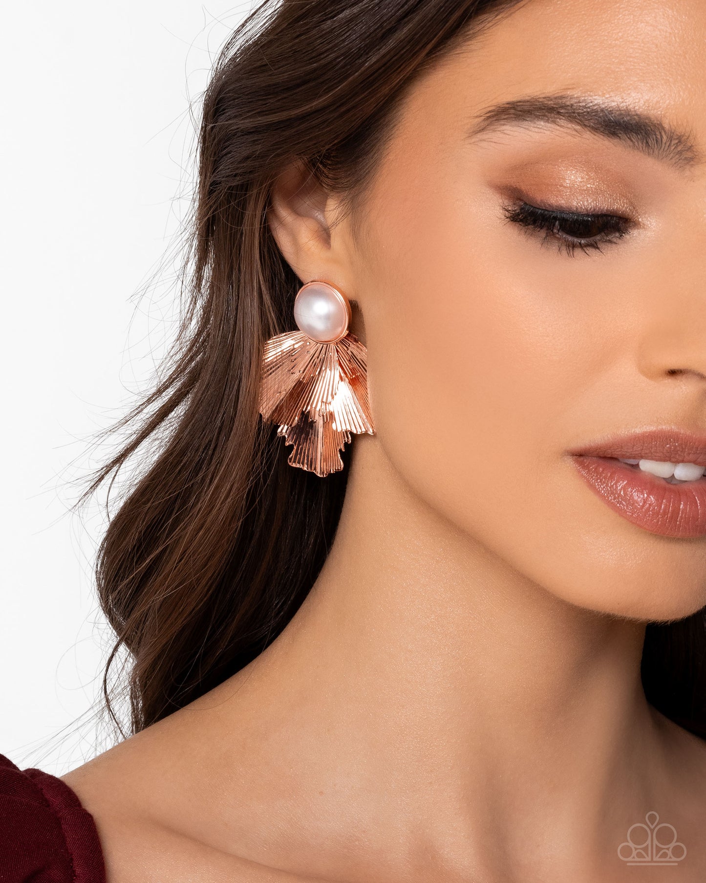 Paparazzi Mermaid Memorate - Copper - Shiny Copper Mermaid-Like Scales & White Pearl Post Earring