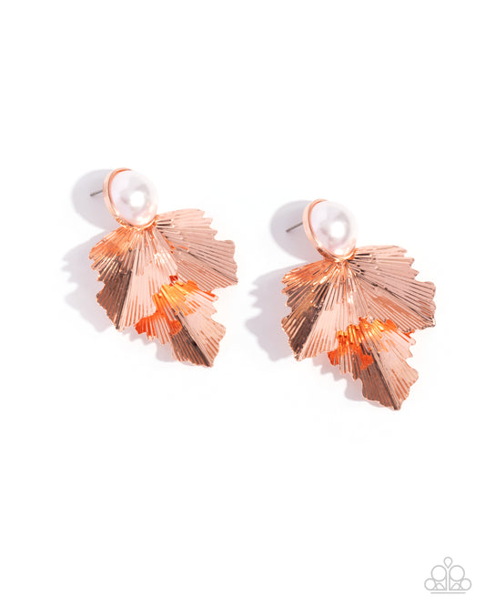 Paparazzi Mermaid Memorate - Copper - Shiny Copper Mermaid-Like Scales & White Pearl Post Earring