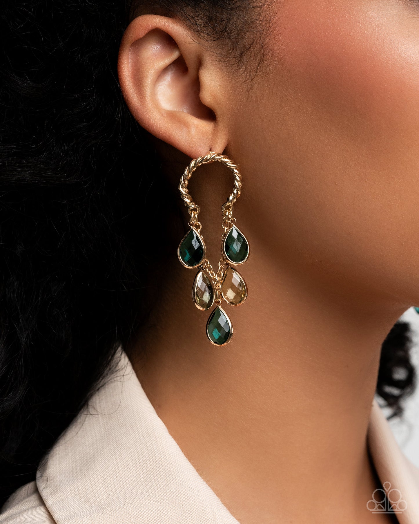Highest Grade - Green & Light Green Teardrop Gem Earring Paparazzi E2457