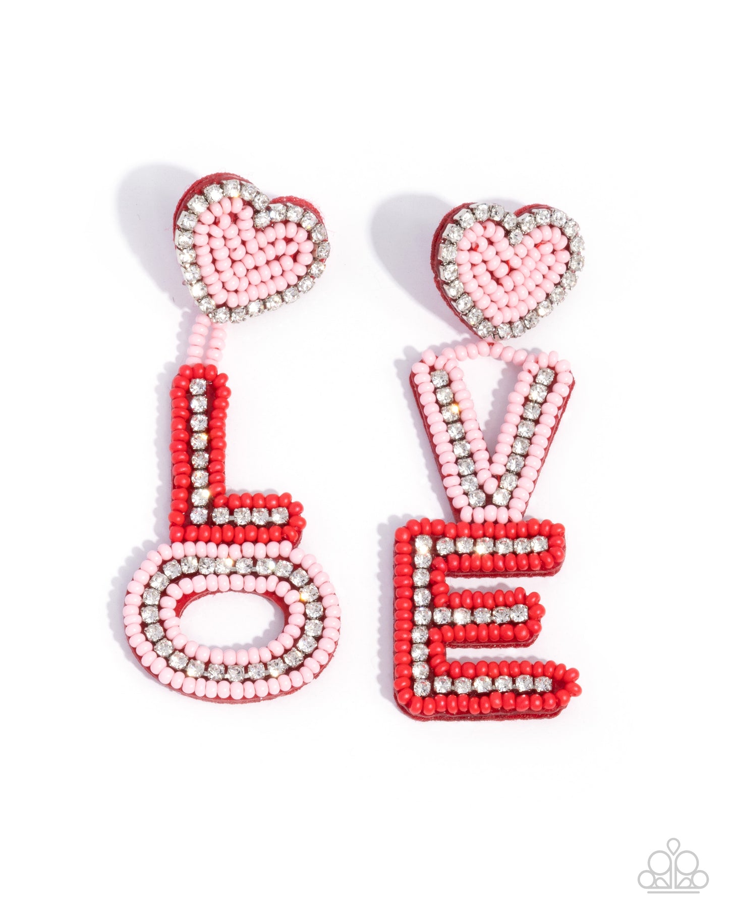 Visible Valentines - Multi Baby Pink, Red Seed Bead, White Rhinestone "LOVE" Post Earring Paparazzi E2567