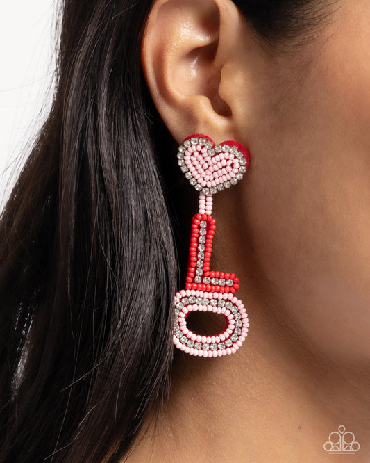 Visible Valentines - Multi Baby Pink, Red Seed Bead, White Rhinestone "LOVE" Post Earring Paparazzi E2567