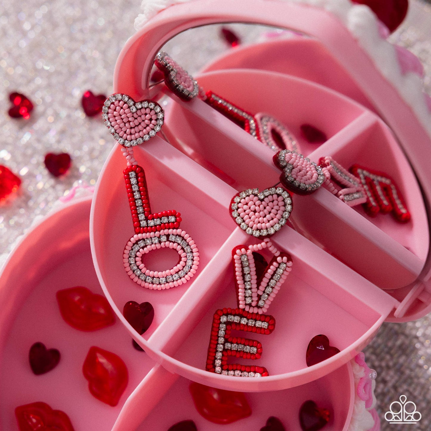 Visible Valentines - Multi Baby Pink, Red Seed Bead, White Rhinestone "LOVE" Post Earring Paparazzi E2567