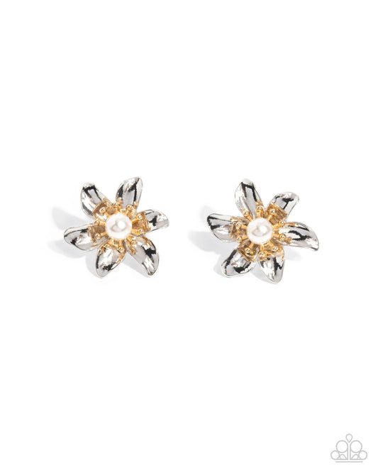 Paparazzi Well Established Whimsy - Multi Silver & Gold Studded Flower Post Earring E1255
