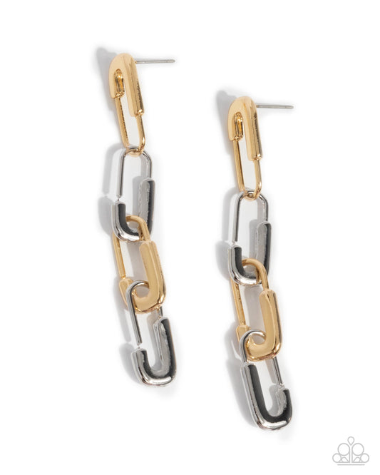 Linked Launch - Multi Gold & Silver Safety Pin Style Earring Paparazzi E2760