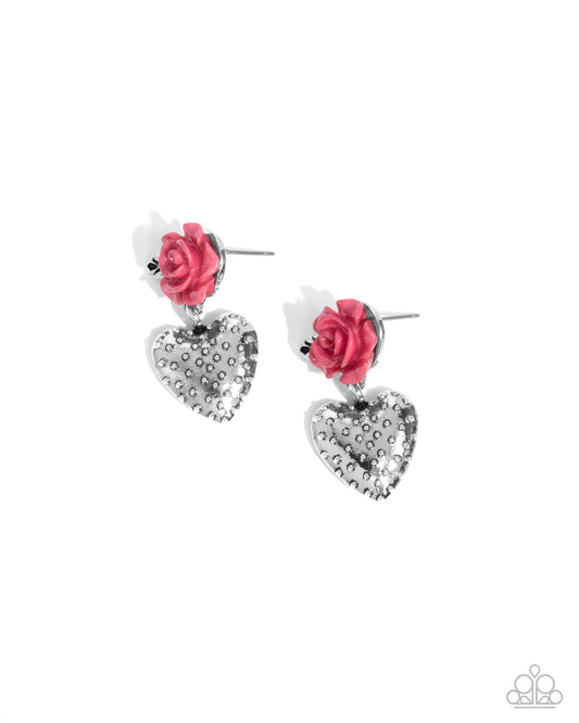 Girly Grade - Pink Desert Rose Rosette & Silver Heart Earring Paparazzi E2331
