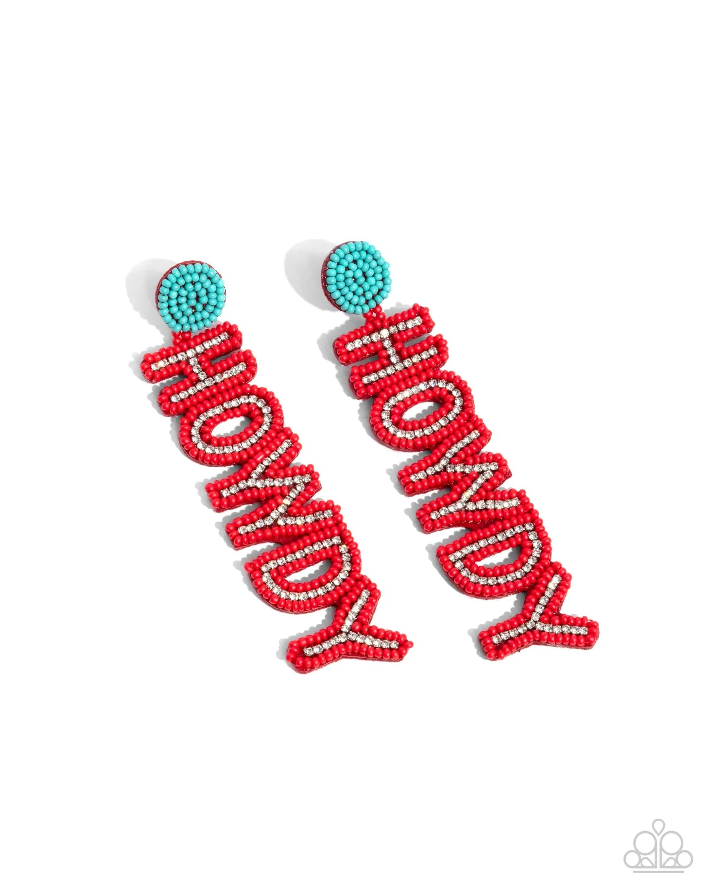 Howdy Headline Red Seed Bead & White Rhinestone "Howdy" Santa Fe Style Post Earring Paparazzi E2339