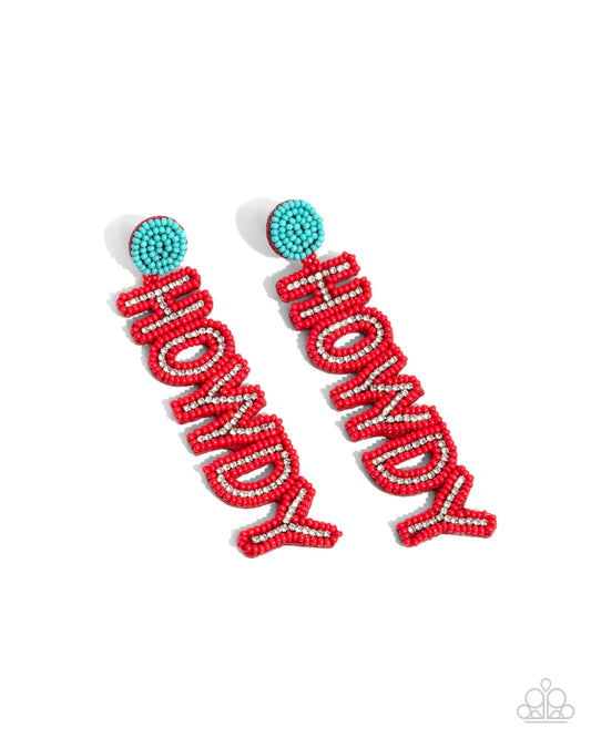 Howdy Headline Red Seed Bead & White Rhinestone "Howdy" Santa Fe Style Post Earring Paparazzi E2339