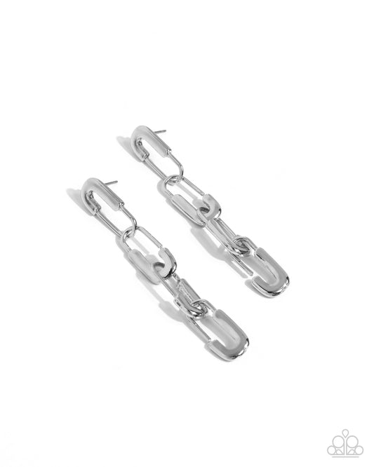 Linked Launch - Silver Safety Pin Style Post Earring Paparazzi E2439