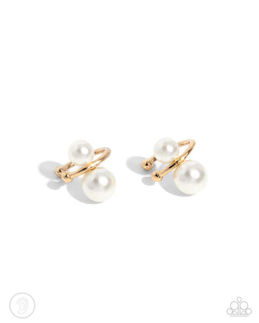 Elegant Emblem - Gold & White Pearl Ear Cuff Earring Paparazzi E2587