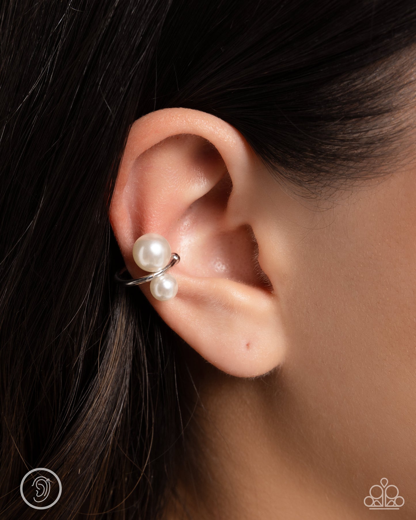 Elegant Emblem - White Pearl Silver Ear Cuff Earring Paparazzi E2462