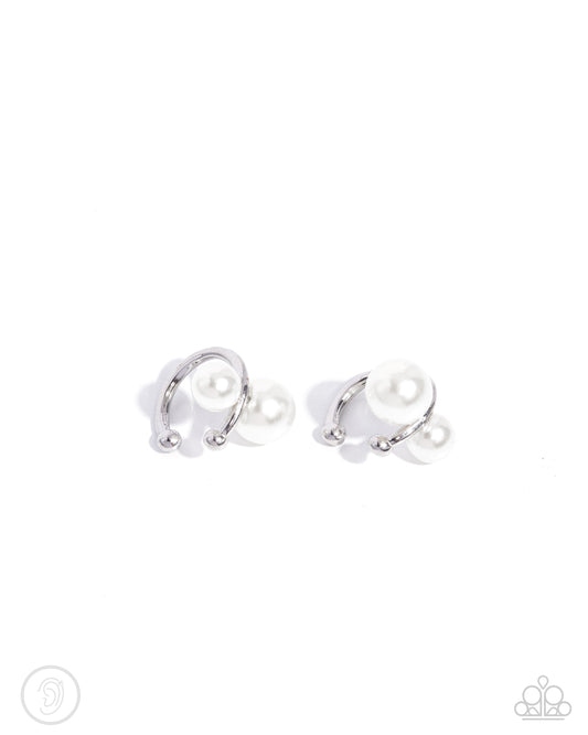Elegant Emblem - White Pearl Silver Ear Cuff Earring Paparazzi E2462