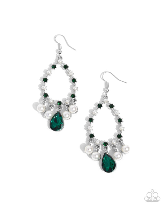 Baroness Behavior - Green Emerald Rhinestone & White Pearl Earring Paparazzi E2585
