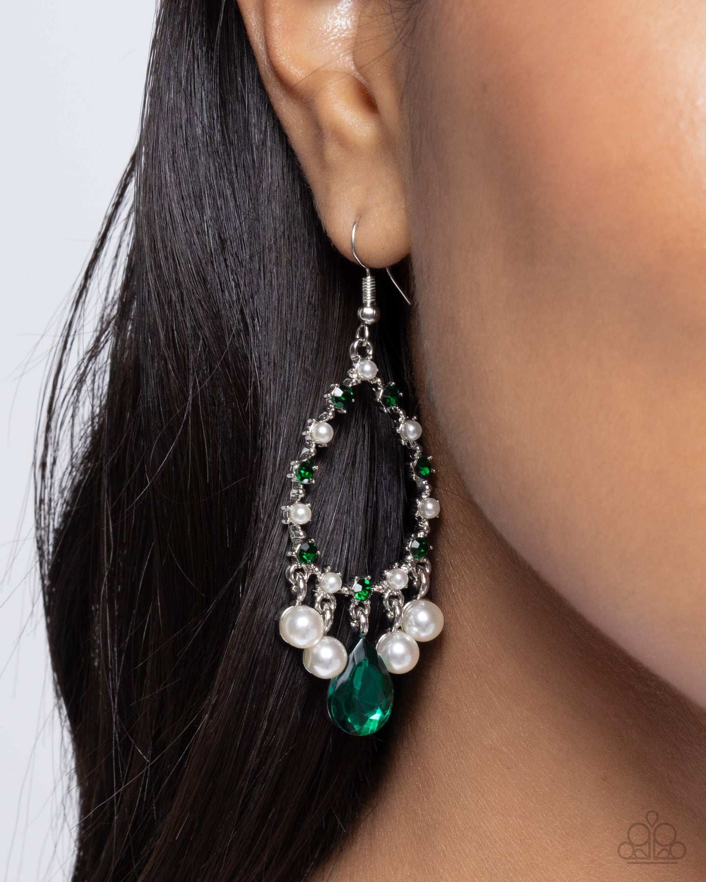 Baroness Behavior - Green Emerald Rhinestone & White Pearl Earring Paparazzi E2585
