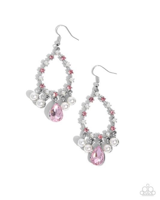 Baroness Behavior - Pink Rhinestone White Pearl Teardrop Earring Paparazzi E2584
