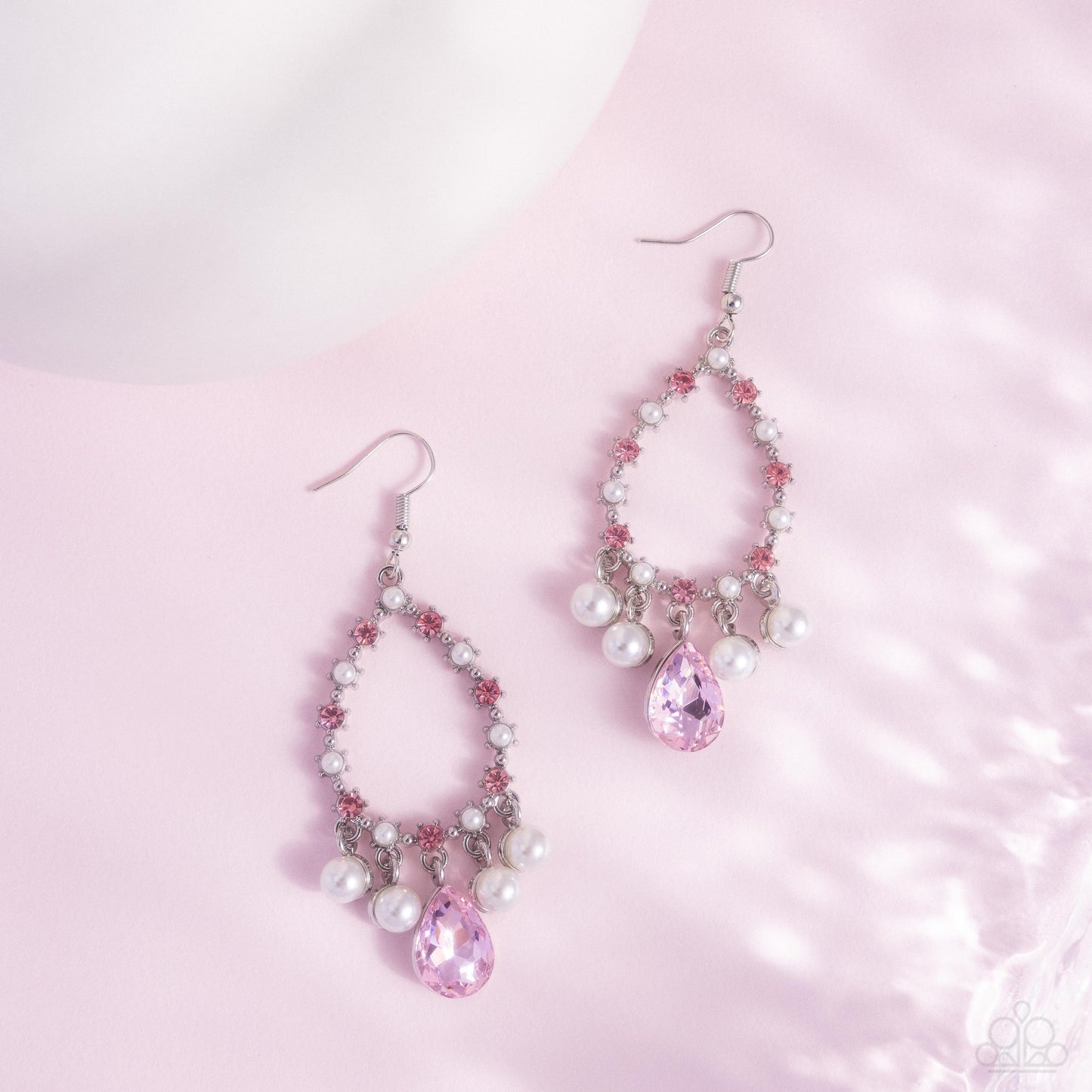 Baroness Behavior - Pink Rhinestone White Pearl Teardrop Earring Paparazzi E2584