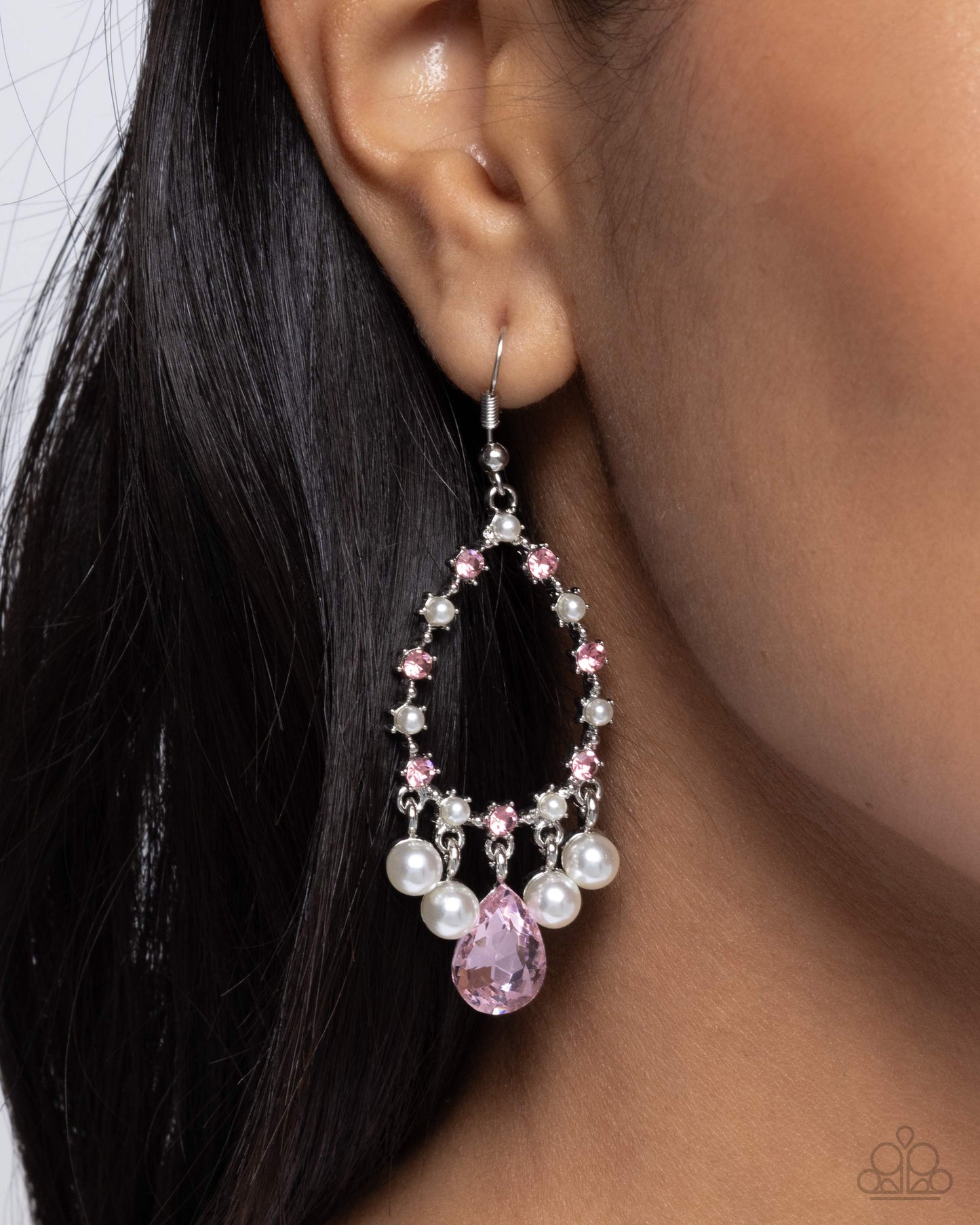 Baroness Behavior - Pink Rhinestone White Pearl Teardrop Earring Paparazzi E2584