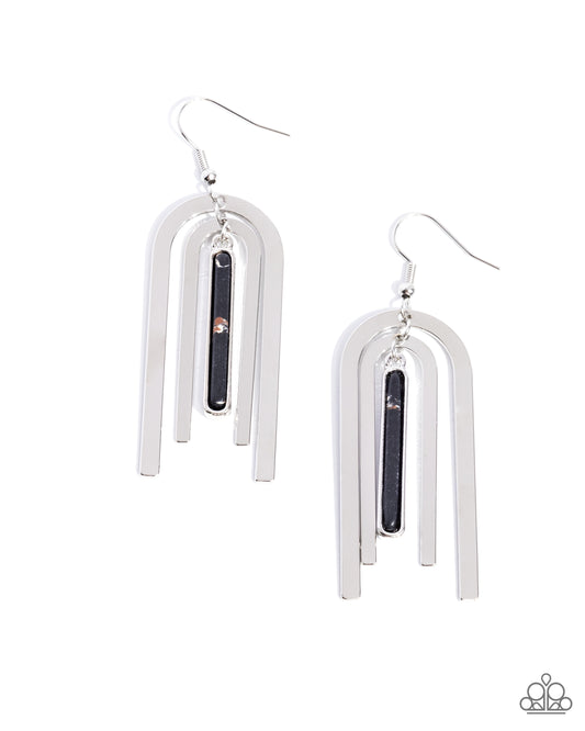 Coarse Conversation - Black Marbled Stone & Silver Bar Santa Fe Style Earring Paparazzi E2165