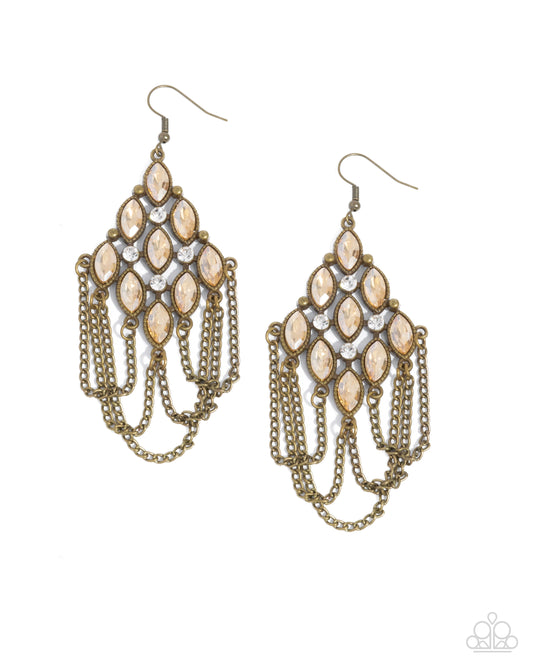 Trenchant Transformation - Brass Frame, Chains, Champagne Gem, White Rhinestone Earring Paparazzi E2816