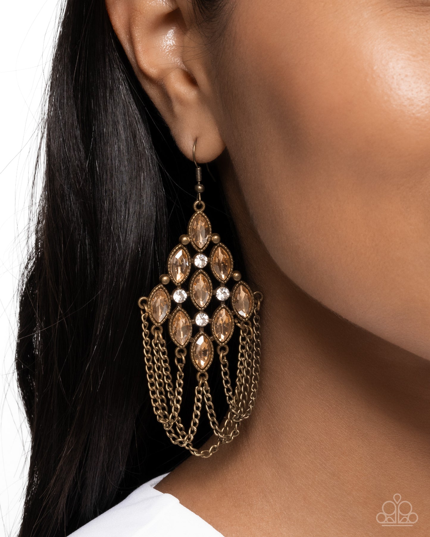 Trenchant Transformation - Brass Frame, Chains, Champagne Gem, White Rhinestone Earring Paparazzi E2816