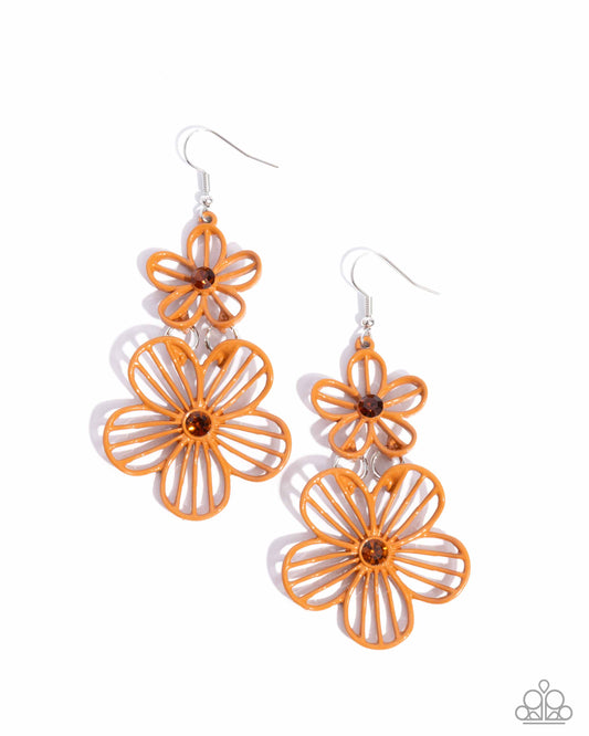 Textured Tiers - Orange Tea Rhinestone Flower Earring Paparazzi E2876