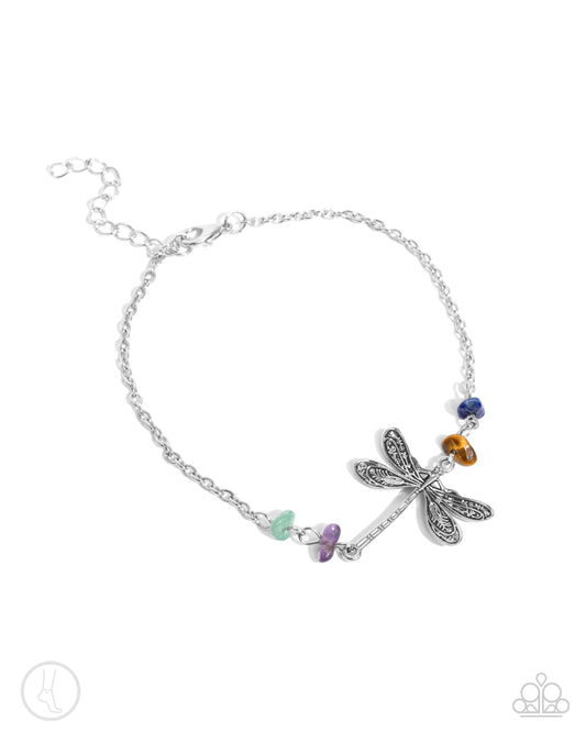 Dragonfly Dawn - Multi Amethyst, Jade, Lapis & Tiger Eye Stone And Silver Dragonfly Anklet Paparazzi B2178