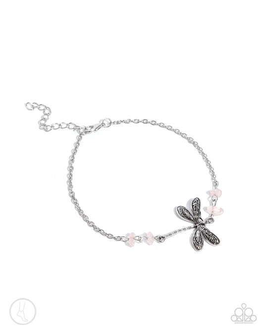 Dragonfly Dawn - Pink Rose Quartz Stone Silver Dragonfly Anklet Paparazzi B1896