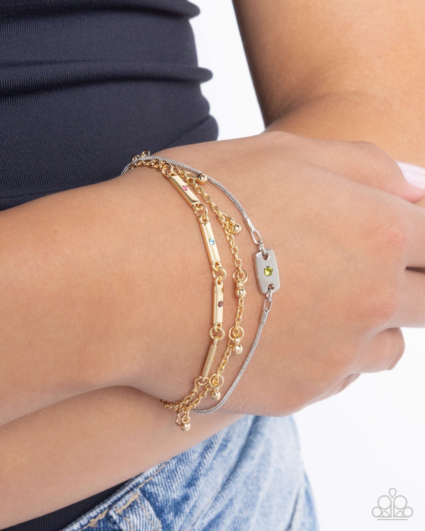 Radiant Recognition - Multi Colored Rhinestones Gold Layered Chain Bracelet Paparazzi B1893