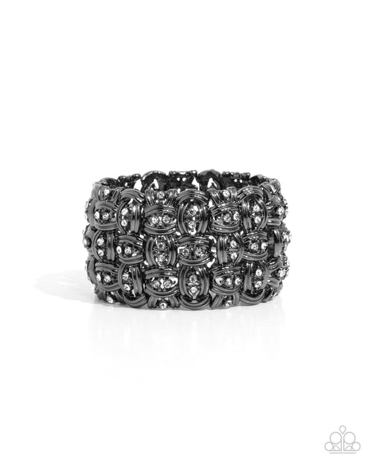 Woven Wardrobe - Black Gunmetal & White Rhinestone Stretch Bracelet Paparazzi B2059