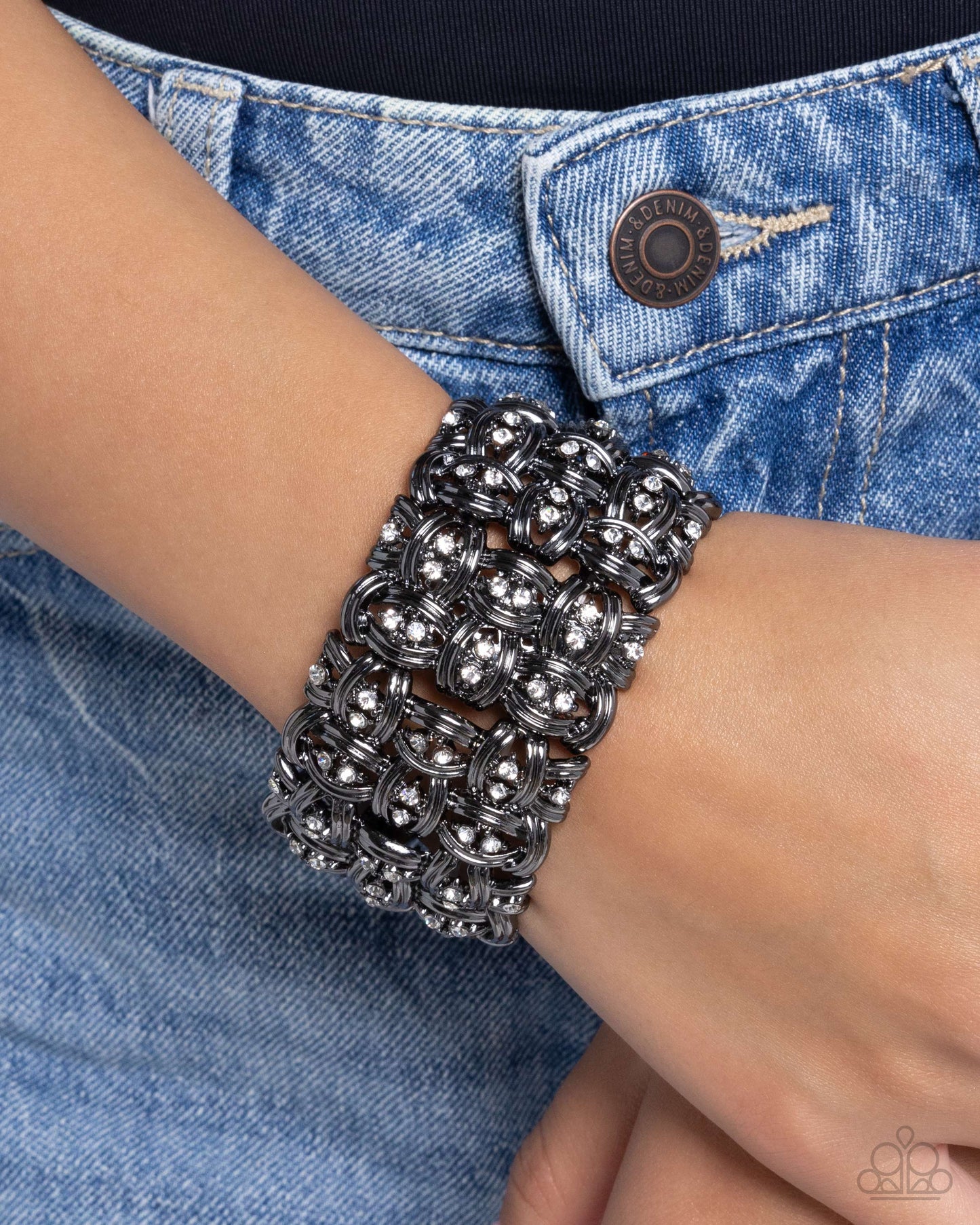 Woven Wardrobe - Black Gunmetal & White Rhinestone Stretch Bracelet Paparazzi B2059