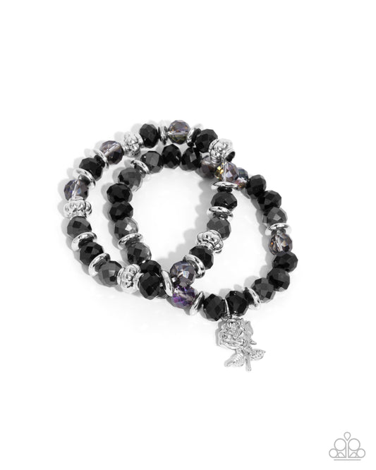 Beauty Contest - Black Faceted, Smoky Bead, Silver Rose Charm Set of 2 Stretch Bracelets Paparazzi B1920
