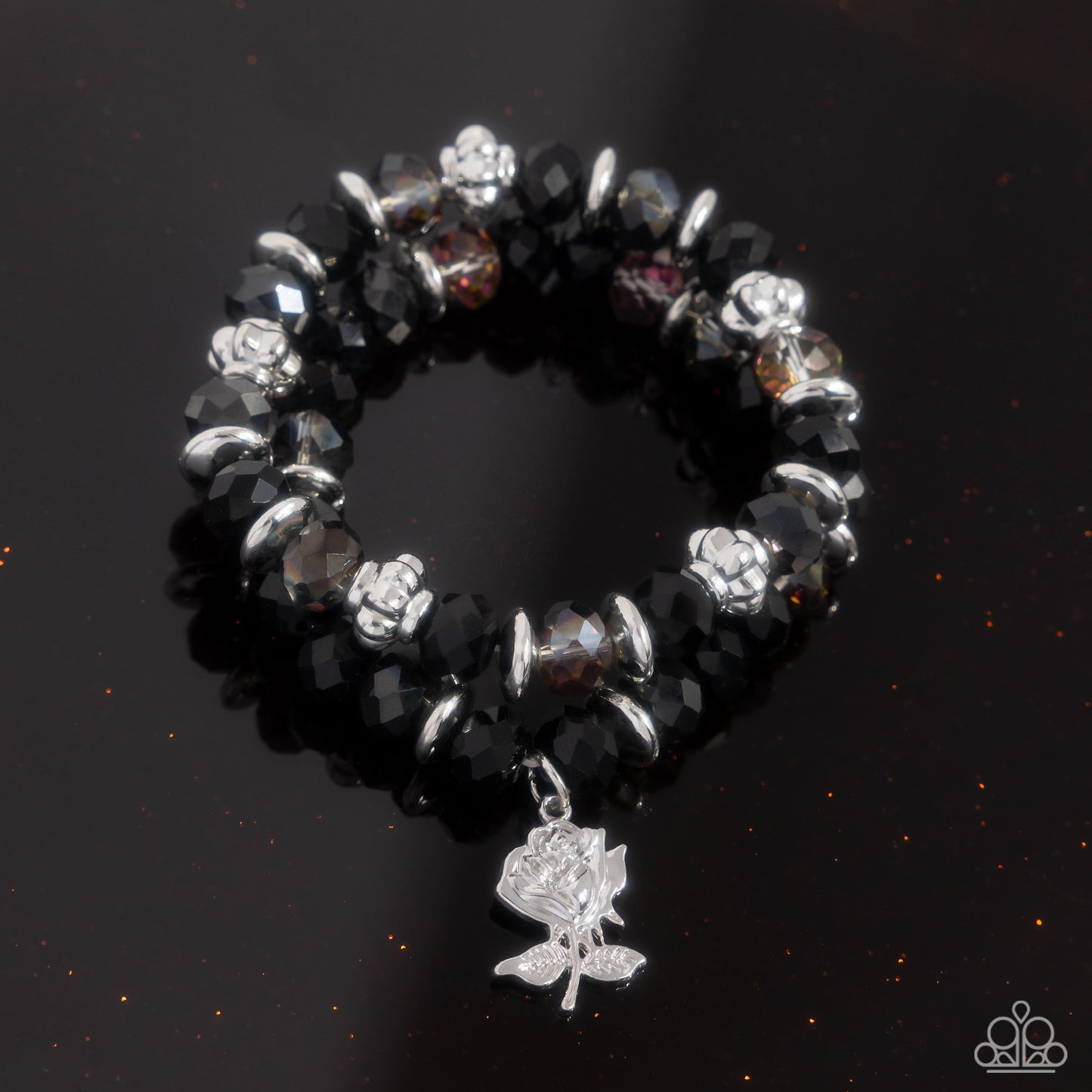Beauty Contest - Black Faceted, Smoky Bead, Silver Rose Charm Set of 2 Stretch Bracelets Paparazzi B1920