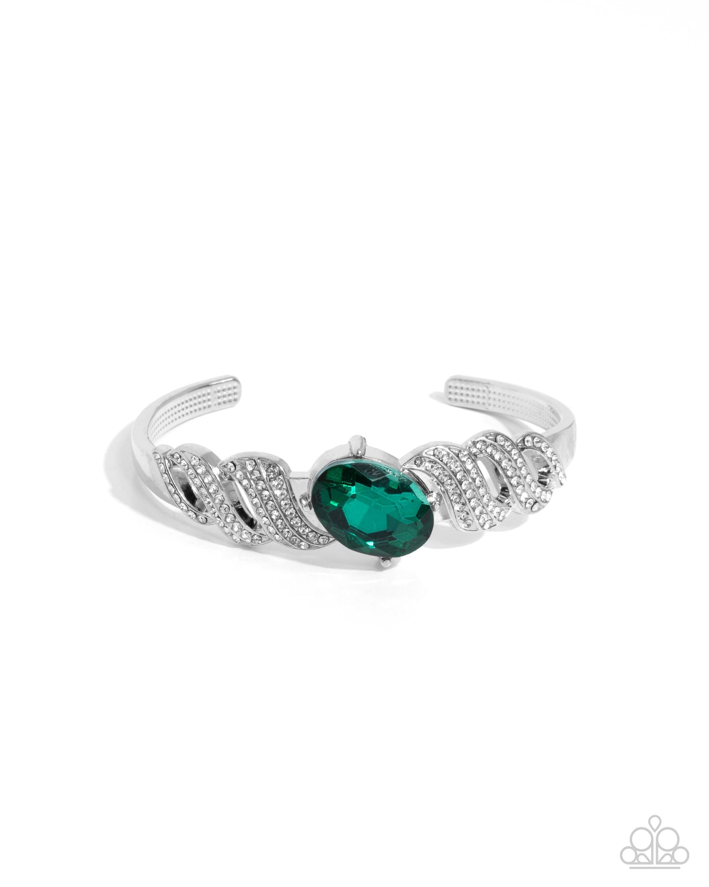 Sentimental Society - Green Gem, White Rhinestone Silver Cuff Bracelet Paparazzi B2041