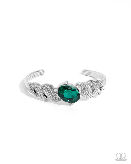 Sentimental Society - Green Gem, White Rhinestone Silver Cuff Bracelet Paparazzi B2041