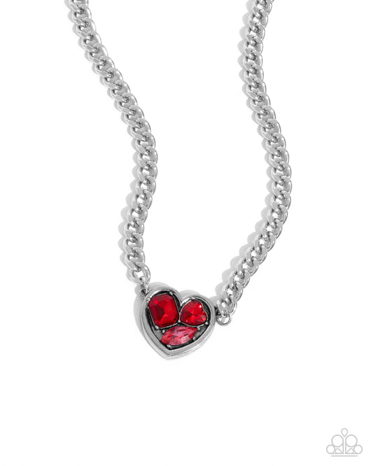 Tasteful Triad - Red Gem Silver Heart Pendant Necklace Paparazzi N3396