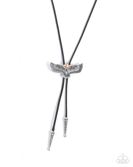 Eagle Emblem - Black Cord Silver Eagle BOLO Style Necklace Santa Fe Style Paparazzi N3470