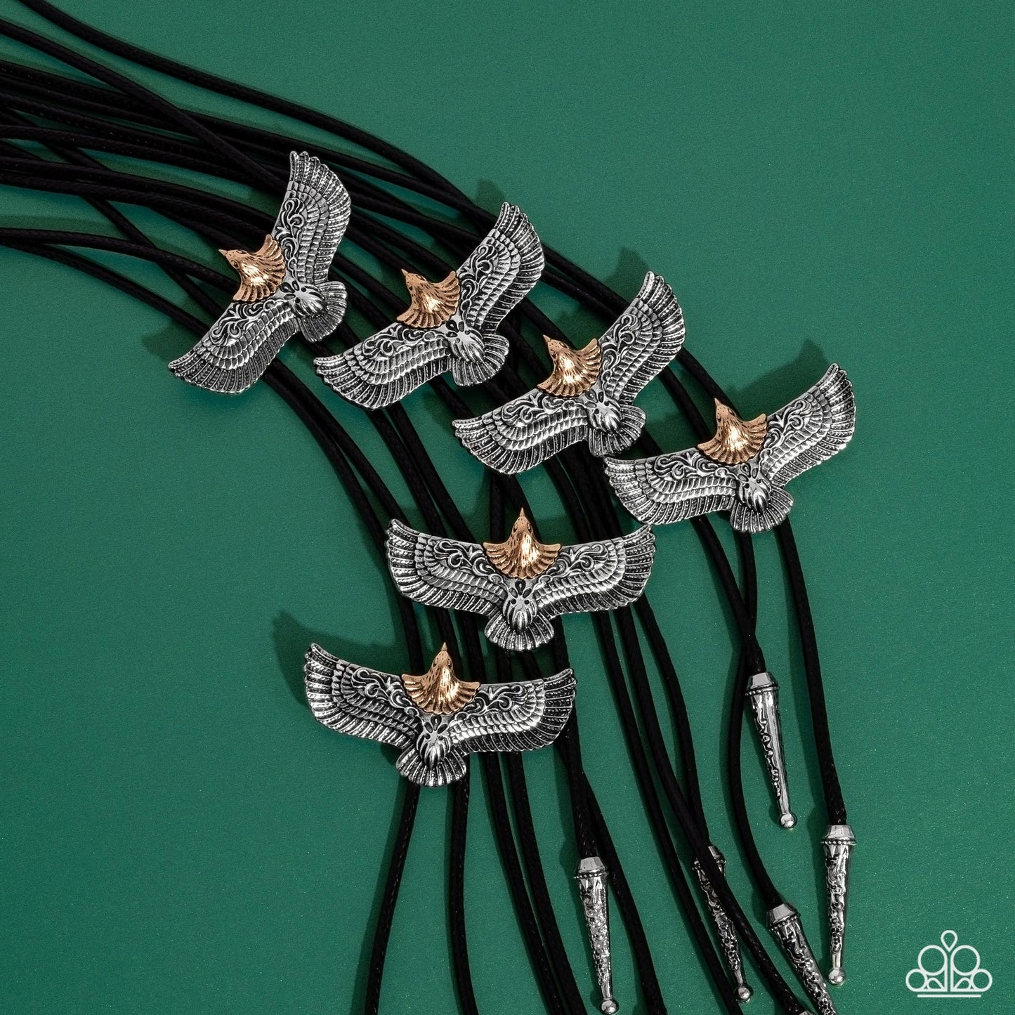 Eagle Emblem - Black Cord Silver Eagle BOLO Style Necklace Santa Fe Style Paparazzi N3470