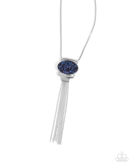 Chained Complication - Blue Glassy Rhinestone Silver Snake Chain Fringe Necklace Paparazzi N3102