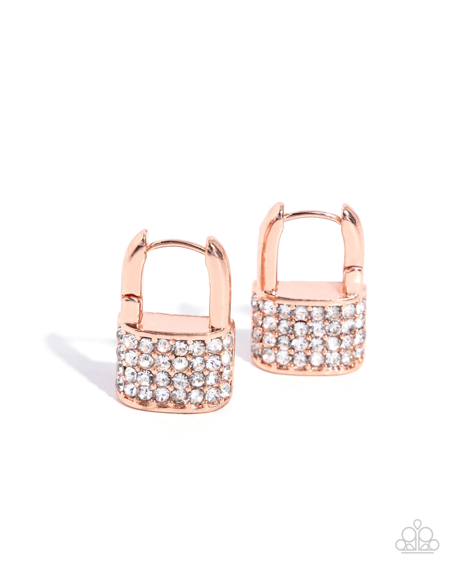 Paparazzi Locked Luxury - Copper - Shiny Copper & White Rhinestone Lock 1/2 Inch Hoop Earring E1224