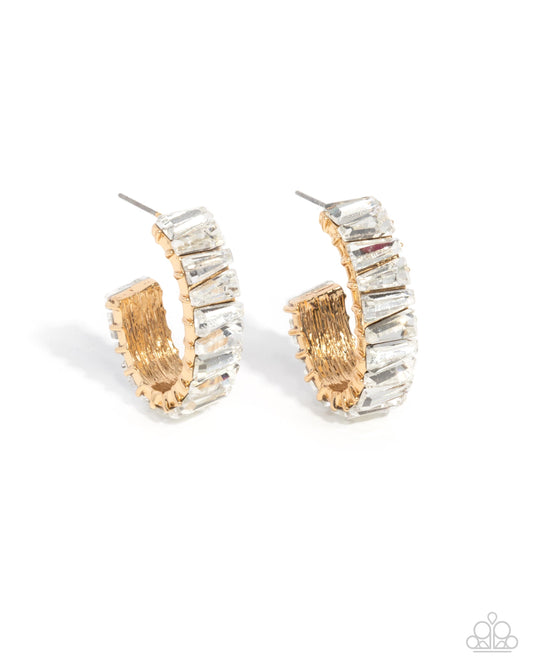 Permissible Pizzazz - Gold White Emerald Cut White Gem 1 Inch J Hoop Earring Paparazzi E2960