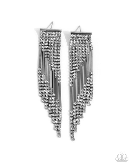 Careless Cascade - Black Gunmetal Bars & White Rhinestone Fringe Earring Paparazzi E2580